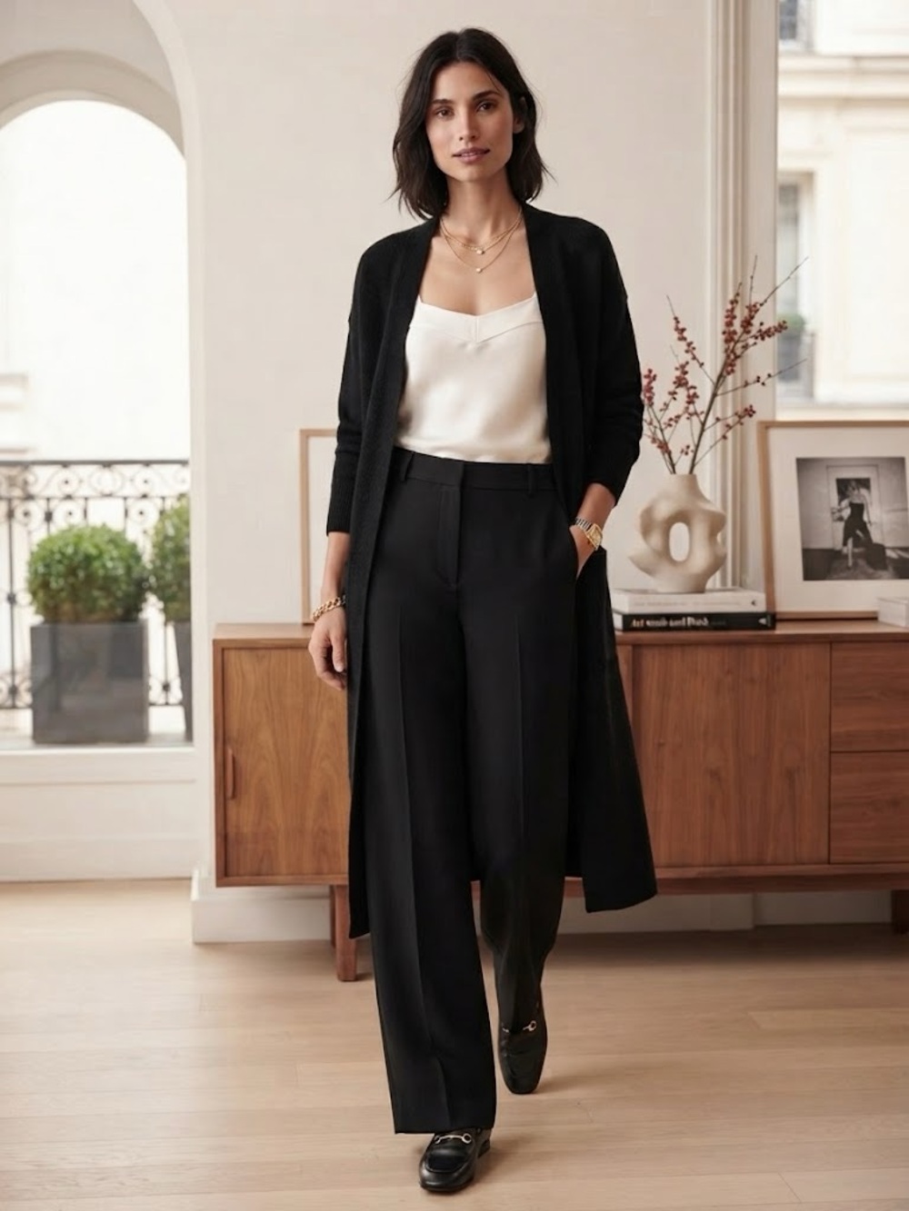Renuar Wool Long Open-Front Knit Black  Coatigan with side slits, pockets P2P:24